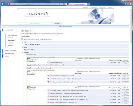 Dieser Screenshot zeigt eine beispielhafte Darstellung der Oberfläche des Dokumentenservers mit einigen Ordnern, Dokumenten und Dateien.